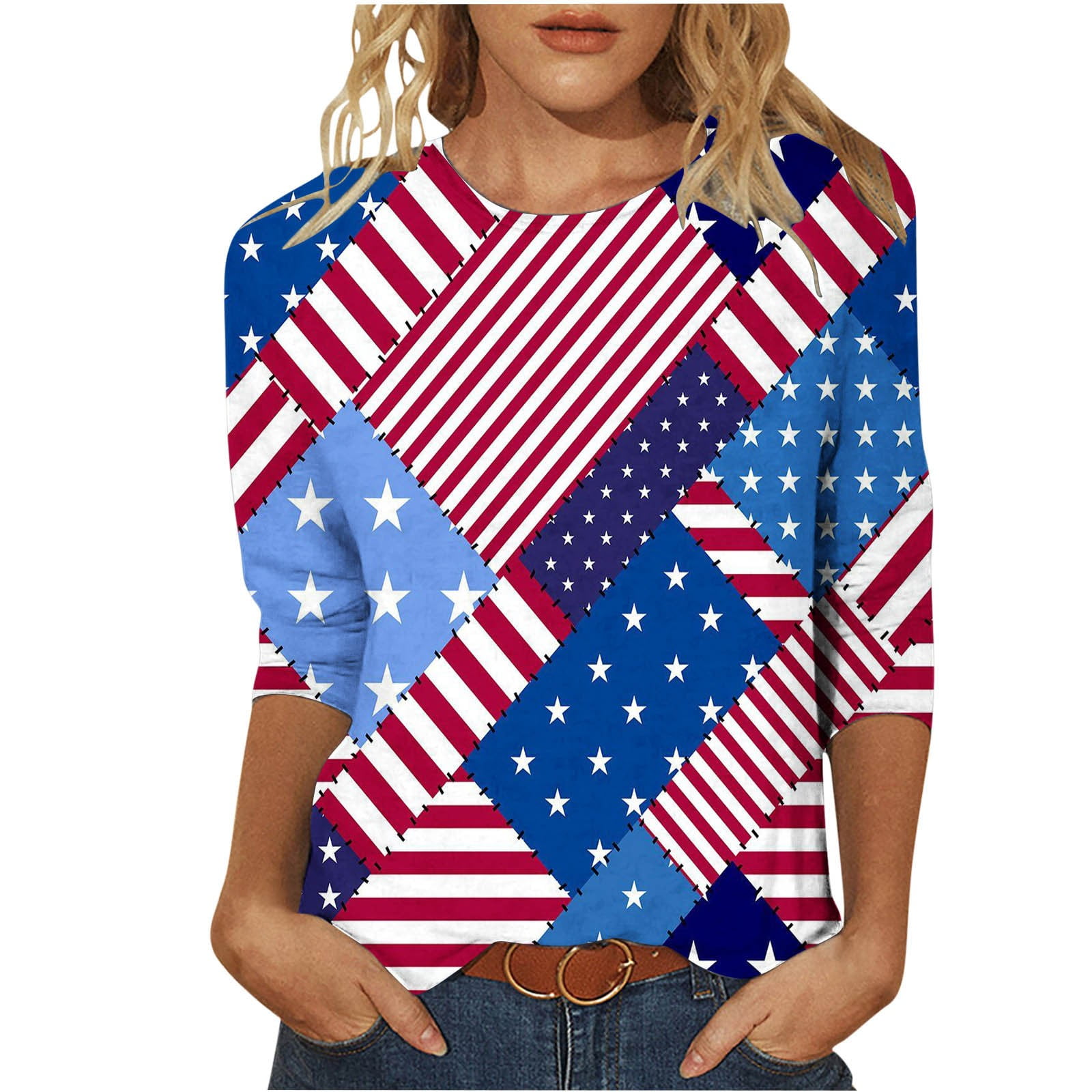 4th of July Shirts for Women: American Flag Tee USA Red White Blue Top