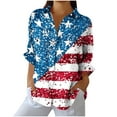 thumbnail image 1 of 4th of July Shirts for Women Button Down Stars Striped Print Rolled Long Sleeve Collared Blouses Festive Outfits (S, Blue), 1 of 4