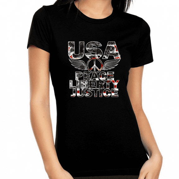 4th of July Shirts for Women Patriotic Shirts for Women Peace Liberty Justice Black American Flag Shirt