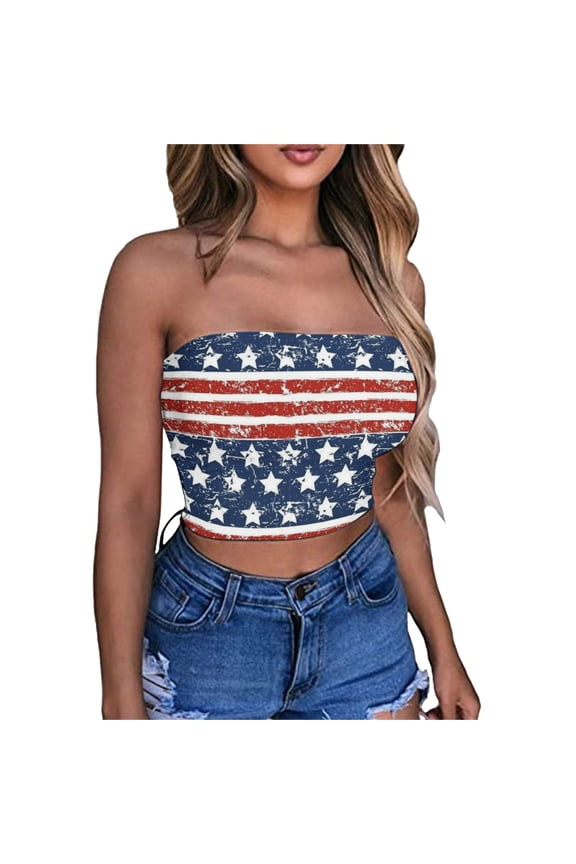 4th of July Shirts for Women Sexy American Flag Printed Crop Top Strapless Bandeau Tube Top Sleeveless Backless Summer Tank Tops