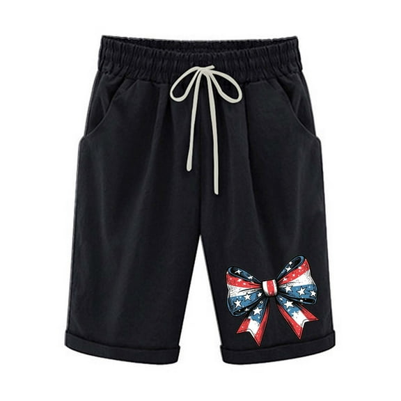 4th of July Shorts for Women Comfortable High Waist Stretchy Casual Shorts Workout Star Pattern Cotton Linen Shorts