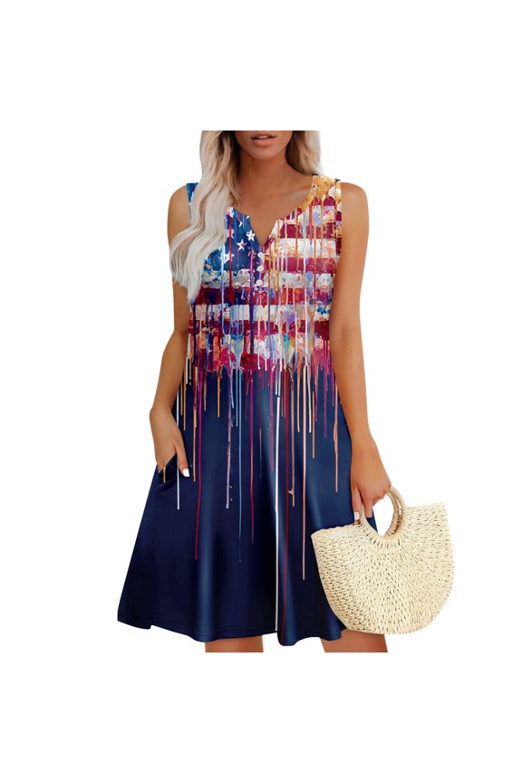 4th of July Sleeveless Dresses for Women Summer Independence Day Sundress Flora Summer Wedding Guest V Neck Dresses with Pockets