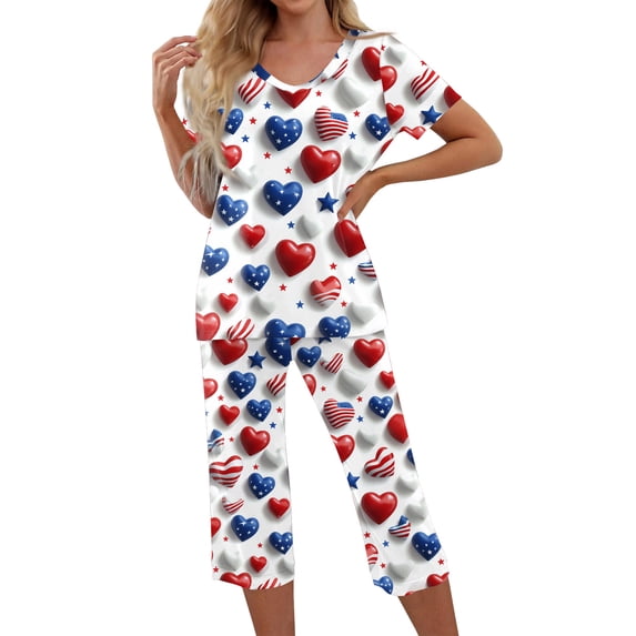 4th of July Soft Pajama Set for Women Red Blue and White Stars Nightwear Sets Short Sleeve Shirts Capri Pants Pjs Set