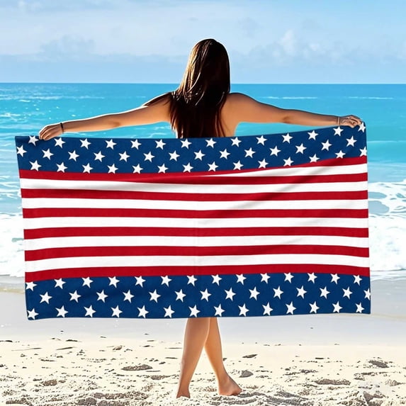 4th of July Star Flag Beach Towel - Soft Absorbent Beach Blanket Portable Travel Bath Towel for Pool Swim Gym Picnic Camping Holiday Use