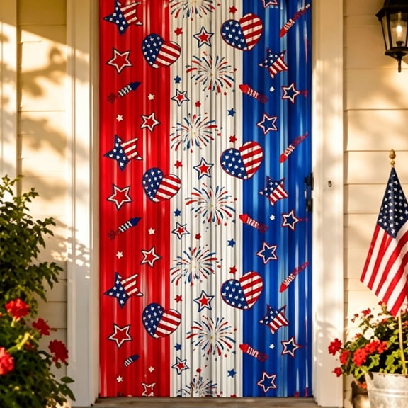 4th of July Star Flag Foil Fringe Curtain Backdrops - Patriotic Adhesive Tinsel Streamer Red White Blue Party Wall Photo Background Decor