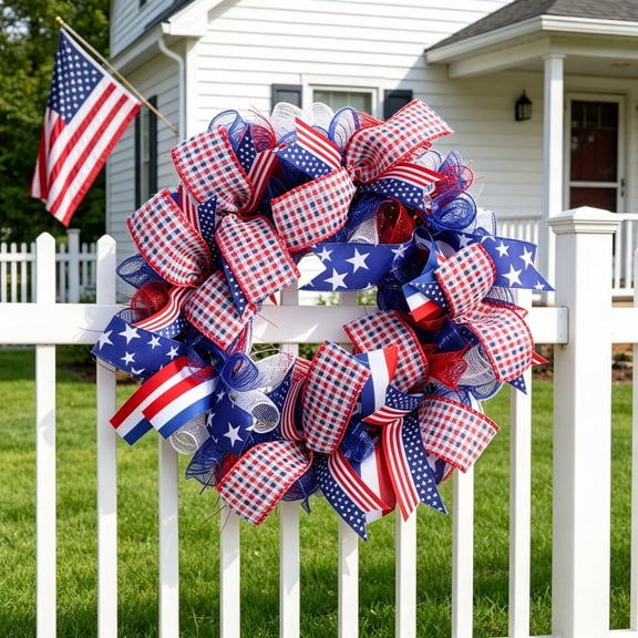 4th of July Star Stripe Wired Ribbon 2.5in x 10yd, Independence Day Bow Making Ribbon for Wreath Outdoor Door Gift Wrap