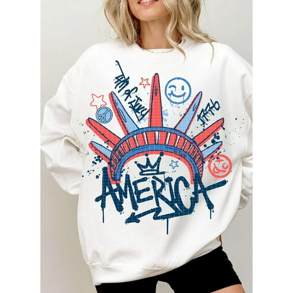 4th of July Statue of Liberty Sweatshirt– Graffiti Style USA Tee with American Flag – Patriotic Outfit for Independence Day