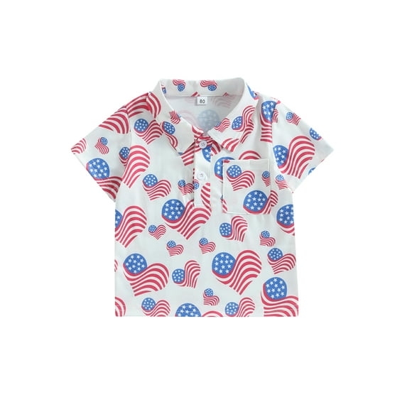 4th of July Summer Outfits Toddler Boys Short Sleeve Button Down Shirt Flag Print Top Button Up Lapel Tee Shirt with Pockets