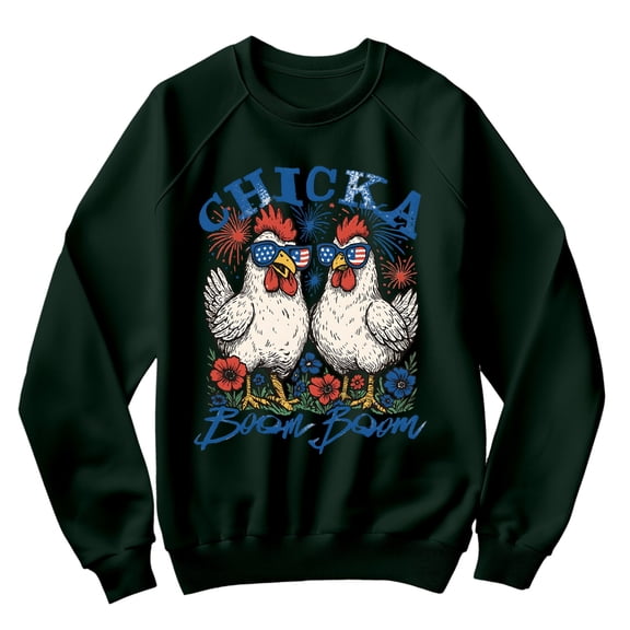 4th of July Sweatshirt - Chicka Boom Boom Funny Chicken Graphic Pullover with Fireworks & USA Glasses - Patriotic Farm Animal Shirt
