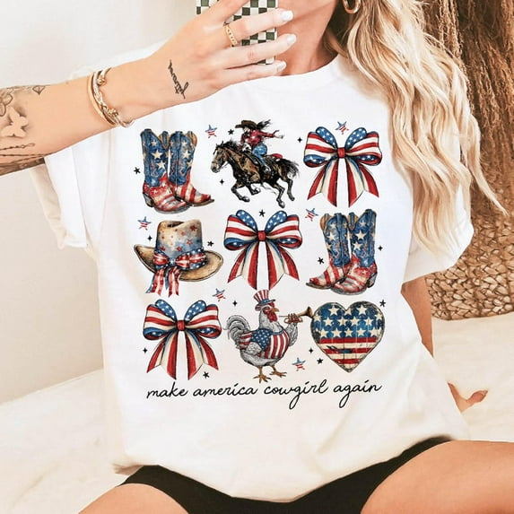 4th of July T-Shirt, Patriotic Bow Graphic Tee, Preppy Independence Day Shirt, American Flag Celebration Coquette Style T-Shirt