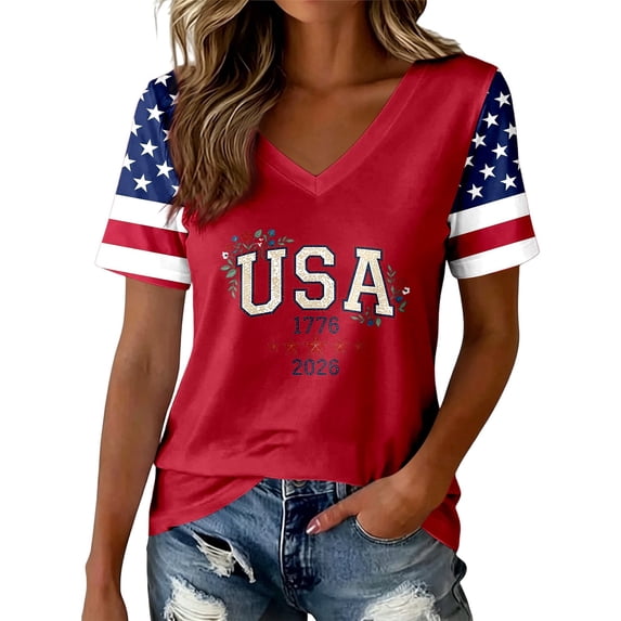 4th of July T-Shirts for Women's Independence Day Patriotic Graphic Summer Print V Neck Short Sleeve Casual Blouse Tee Red 2XL