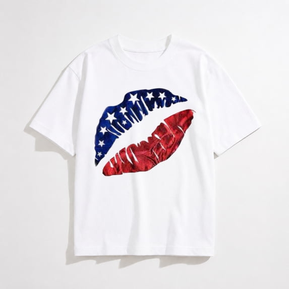 4th of July T-shirts Women American Flag Lips Funny Graphic Casual Short Sleeve Tee Top