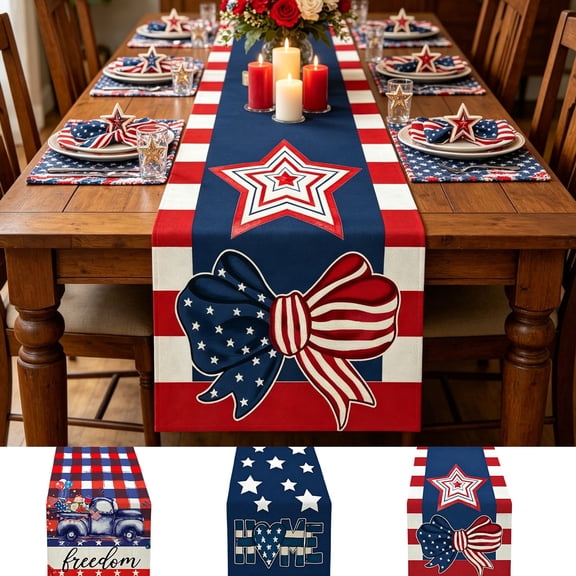 4th of July Table Runner, Patriotic Table Cloth 13" x 72", Red White Blue Stripes, Festive Independence Day Memorial Day Decor for Home Kitchen