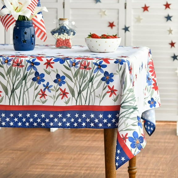4th of July Tablecloth 60x120 Inch, Patriotic Watercolor Poppy Flowers Independence Day Memorial Day Table Cover for Party Picnic Dinner Decor