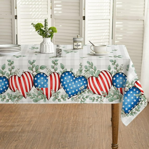 4th of July Tablecloth 60x84 Inch, Patriotic Eucalyptus Hearts Independence Day Memorial Day Table Cover for Party Picnic Dinner Decor