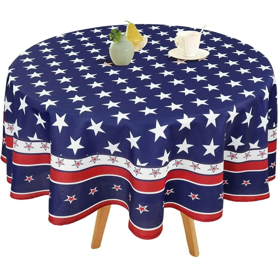 4th of July Tablecloth Round 60 x 60 inch Memorial Day Patriotic Table Cloths Waterproof American Flag Table Cloth for Round Table