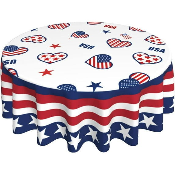 4th of July Tablecloth Round Table Cloth 60 Inch American Flag Washable Table Cover for Home Party Picnic