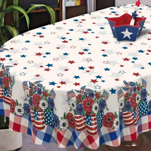 4th of July Tablecloth Waterproof Patriotic Table Cloths for Memorial Day, Independence Day Indoor Outdoor Dining Room-60"*102" Oval