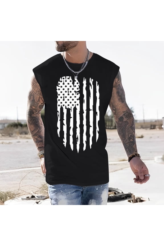 4th of July Tank Tops for Men Male Independence Day Spring Summer Print Pattern Round Neck Plus Size Comfortable Workout Sleeveless Shirts Black L