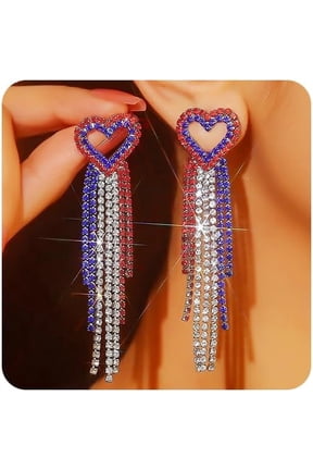 4th of July Tassel Earrings Patriotic Rhinestone Dangle Earrings for Women Long Drop Crystal Earrings for Independence Day