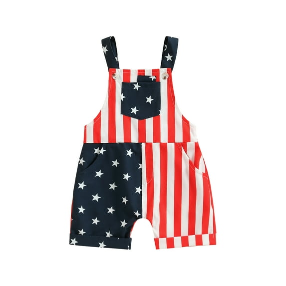 4th of July Toddler Baby Girl Boy One Piece Outfit American Flag Overalls Romper Sleeveless Shorts Jumpsuit with Pocket