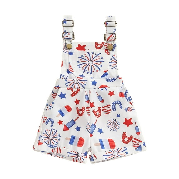 4th of July Toddler Baby Girl Boy One Piece Outfit American Flag Overalls Romper Sleeveless Suspender Shorts Jumpsuit with Pocket