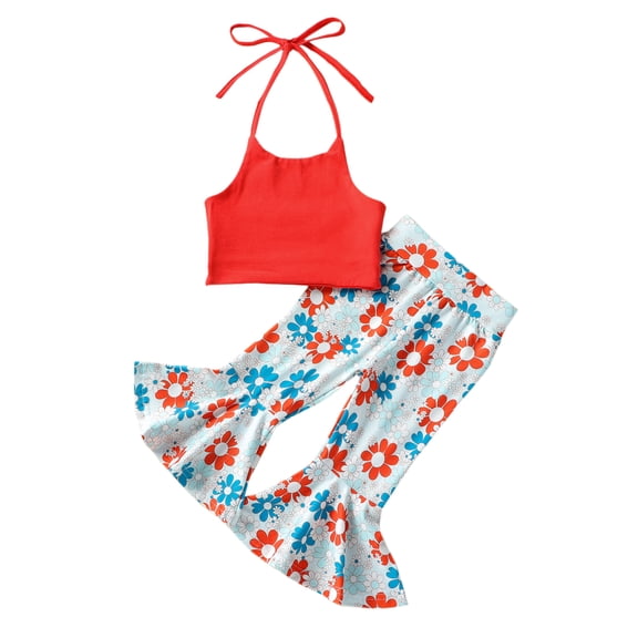 4th of July Toddler Baby Girl Outfits Halter Crop Top and Floral Flare Pants Cute Fourth of July Clothes