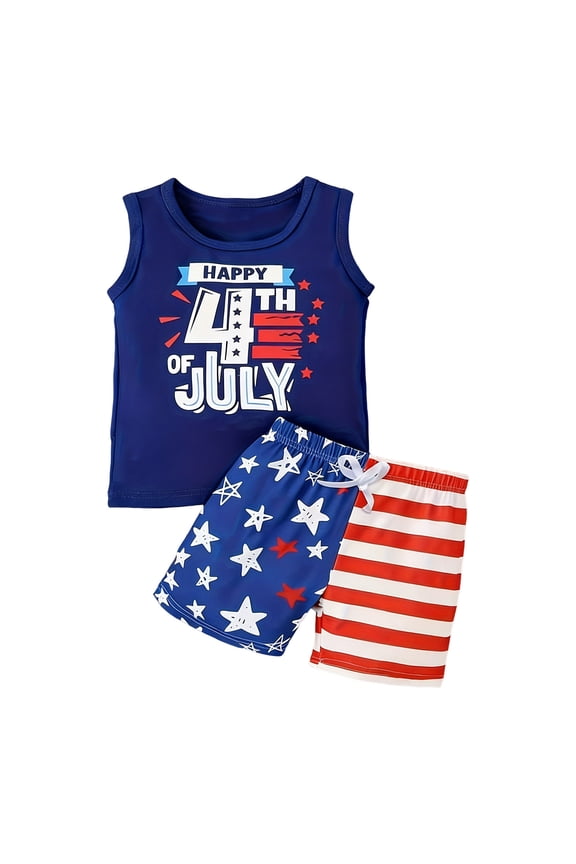 4th of July Toddler Boy Clothes Outfit Stripes & Stars Print Vest Top and Drawstring Shorts 2 Piece July Fourth Clothes Set 12 18 24 Months 2T 3T