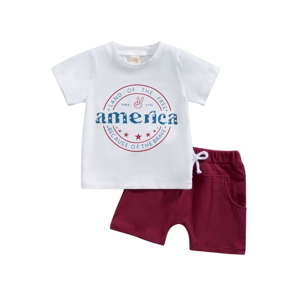 4th of July Toddler Boys Summer Outfit Clothes Short Sleeve America Print T Shirt Top with Solid Color Shorts Kids 2Pcs Sets