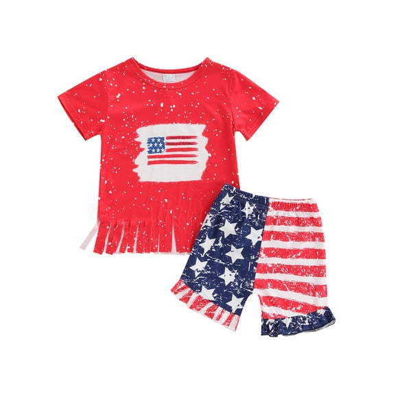 4th of July Toddler Girl Outfit Short Sleeve American Flag T-Shirt+Stars Stripe Shorts Set Independence Day Clothes