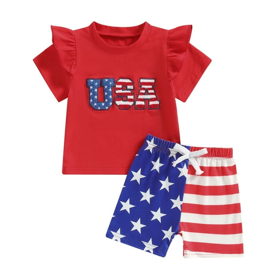 4th of July Toddler Girls Outfits Letter Embroidery Crew Neck Short Sleeve T-Shirts Stripe Stars Print Shorts 2Pcs Clothes Set