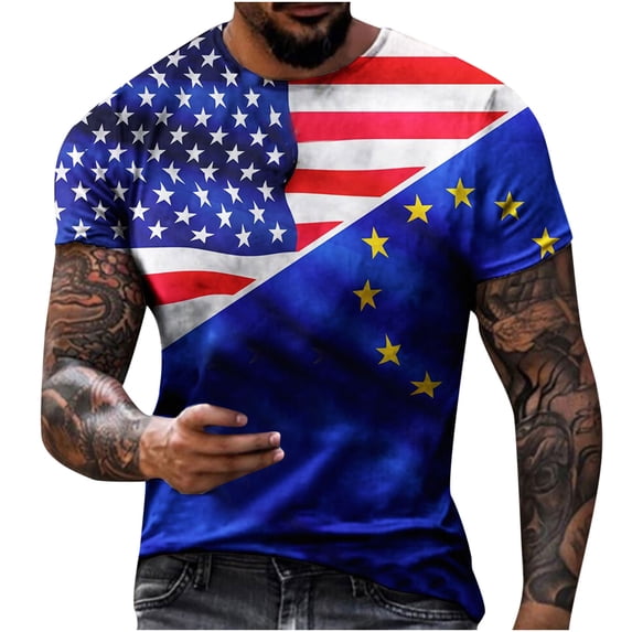 4th of July Tops for Men's Vintage American Flag Printed T-Shirt US Flag Graphic Shirts Casual Short Sleeve Tees
