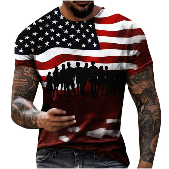 4th of July Tops for Men's Vintage American Flag Printed T-Shirt US Flag Graphic Shirts Casual Short Sleeve Tees