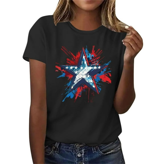 4th of July Tops for Women s Women Plus Size T Shirts 4th of July Tops Summer Crew Neck Short Sleeve Casual Graphic Tees New Black S