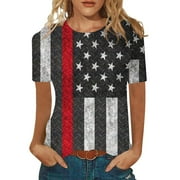 4th of July Tops for women MIANHT Plus Size Womens Tops, Women's Printed Casual Printing Crewneck T-Shirt Tops on Clearance