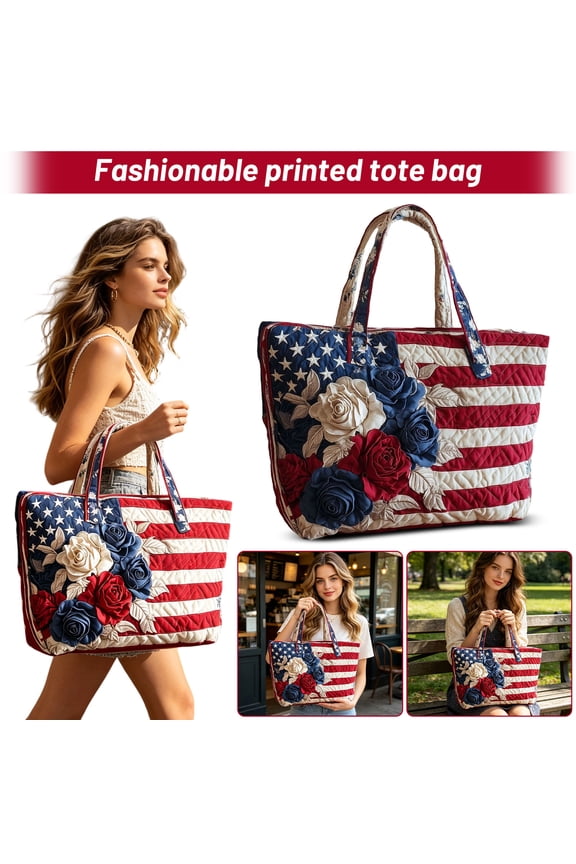 4th of July Tote Bag Stars and Stripes Beach Bag Rope Handles Shoulder Bag Women Purse