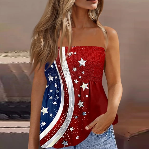 4th of July Tube Tops for Women Strapless Smocked Bandeau Tops Casual Pleated Flowy Tops Sleeveless Tank Tops