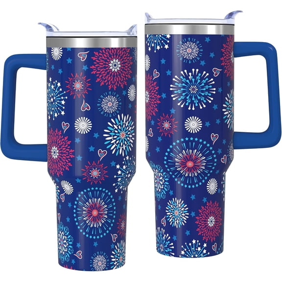 4th of July Tumbler With Handle and Straw, 40 oz Leakproof Stainless Steel Insulated Tumbler, Cup Holder Friendly, Patriotic Memorial Day Gifts