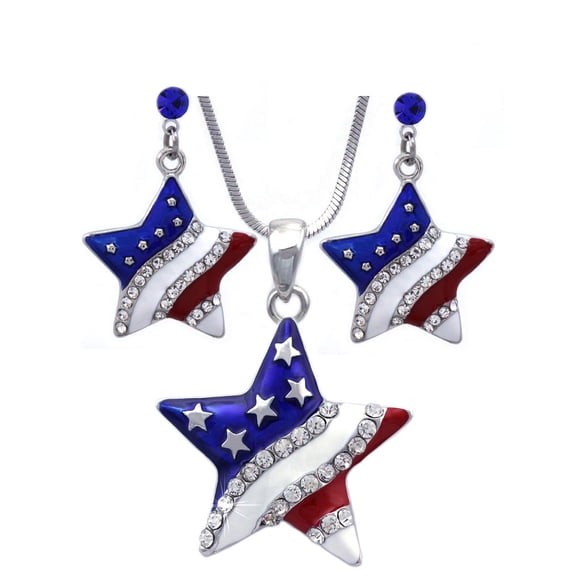 4th of July USA American Flag Heart Star Pendant Necklace Earrings Set (Star Royal Blue Dot Dangle)