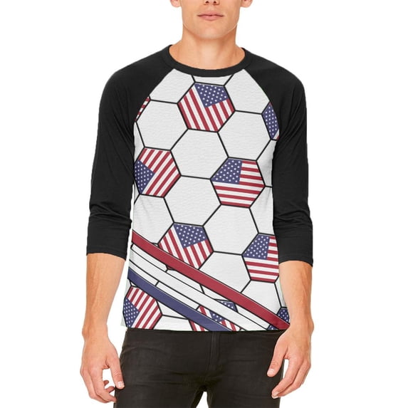 4th of July USA World Cup Soccer Ball Mens Raglan T Shirt White-Black X-LG