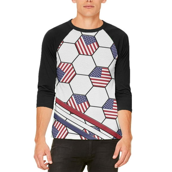 4th of July USA World Cup Soccer Ball Mens Raglan T Shirt White-Black X-LG