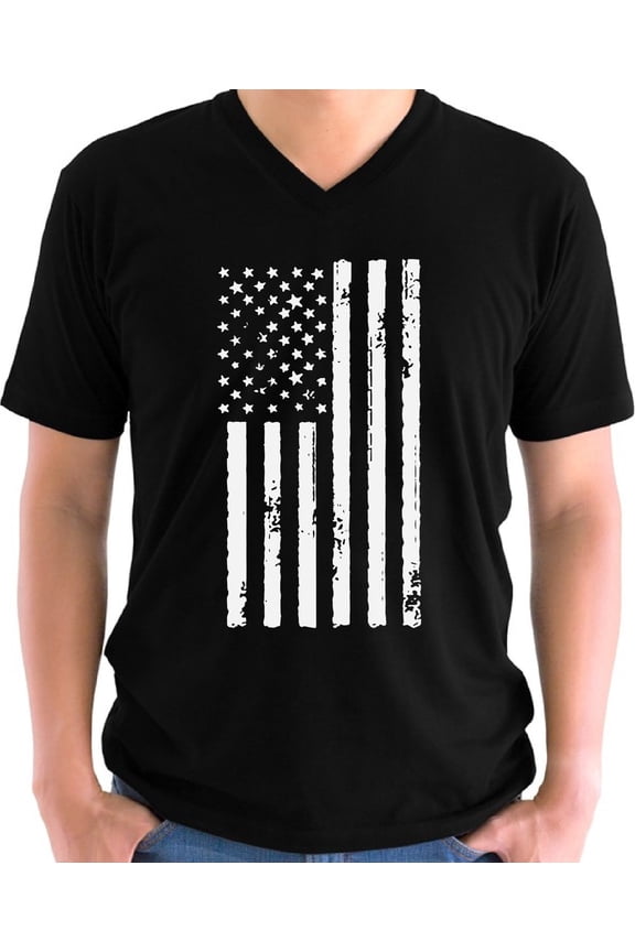 4th of July V-neck Shirt for Men Big White American Flag Gift for Mens S M L XL 2XL Graphic Tee