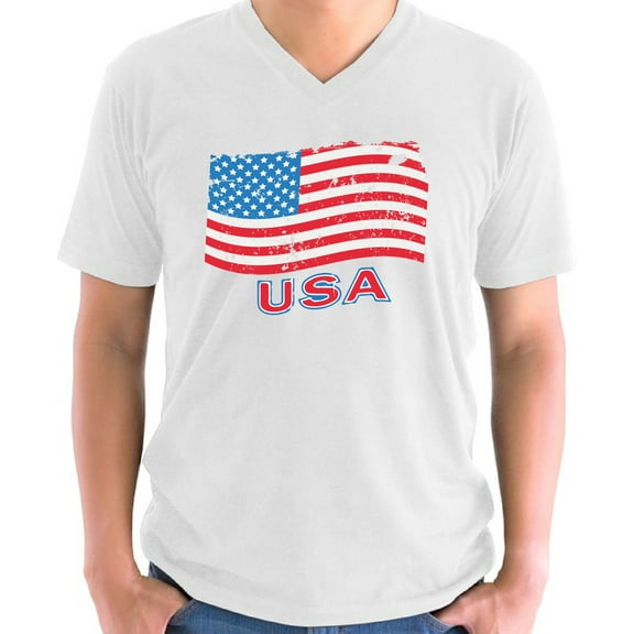 4th of July V-neck Shirt for Men Distress Flag USA Gift for Mens S M L XL 2XL Graphic Tee