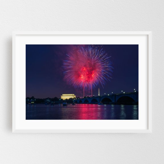 4th of July - Washington District of Columbia Photography Night Sky Cityscape Bridge Architecture White Framed Wall Art Print 5 x 7 inches