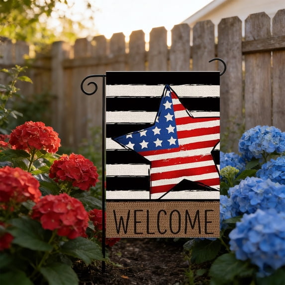 4th of July Welcome Garden Flag 45x30cm Patriotic Double Sided Linen Yard Flag for Independence Day Outdoor Yard Porch Decoration