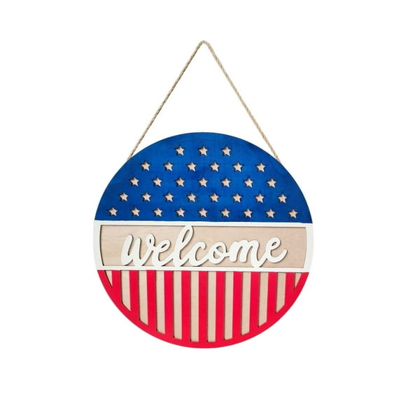 4th of July Welcome Sign, Round Welcome Letter Wood Hanging Wall Sign for Independence Day Front Door Window Decoration - 11.8"