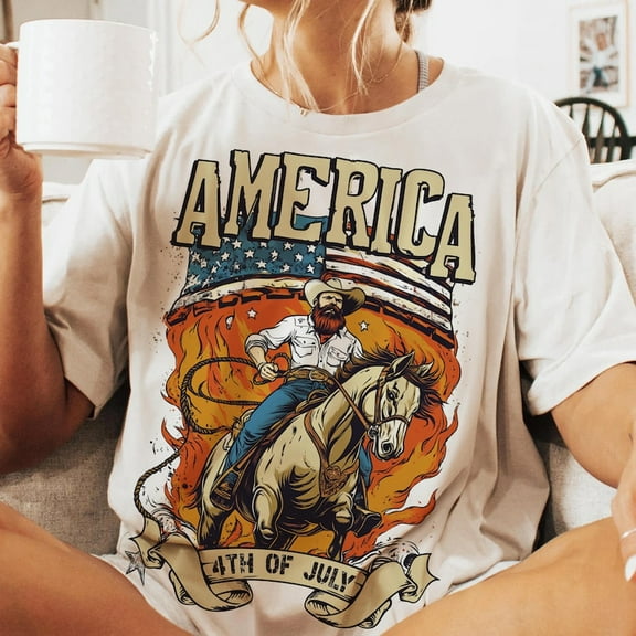 4th of July Western T-Shirt – Vintage USA Cowboy, Rodeo Style, Retro Patriotic Cowboy Shirt for Independence Day