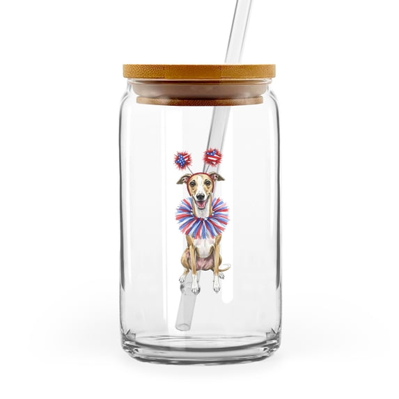 4th of July Whippet Celebrates Independence Day 16oz Glass Cup Mug Dog Lover Glass Can with Bamboo Lid and Straw - 12010