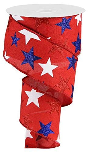 4th of July Wired Ribbon, Blue Red White, 2.5 Inch x 50 Yard