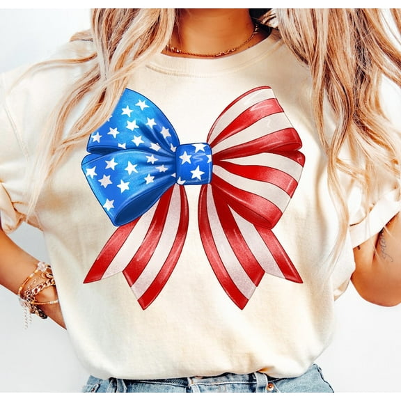 4th of July Woman T-Shirt, USA Flag Bow , American Coquette , Red White Blue Patriotic